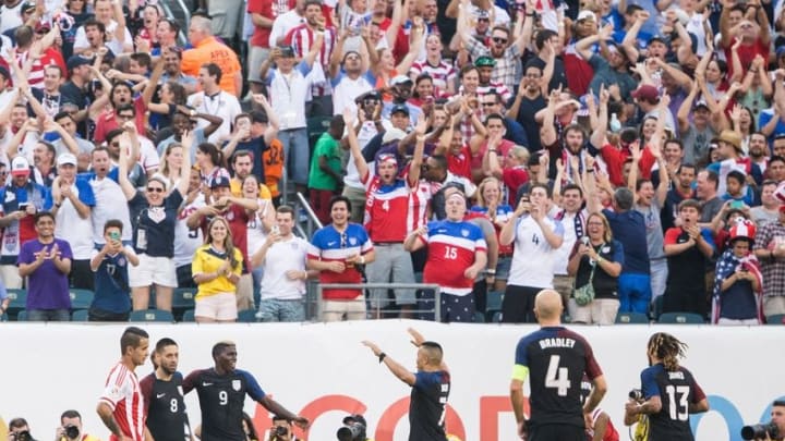 Jun 11, 2016; Philadelphia, PA, USA; United States midfielder Clint Dempsey (8) celebrates with teammates after a goal against Paraguay during the first half of the group play stage of the 2016 Copa America Centenario. at Lincoln Financial Field. Mandatory Credit: Bill Streicher-USA TODAY Sports