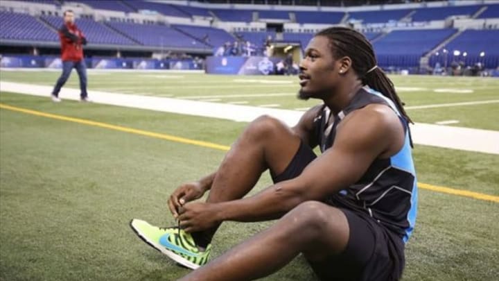 Feb 24, 2014; Indianapolis, IN, USA; South Carolina Gamecocks Jadeveon Clowney puts shoes on during the 2014 NFL Combine at Lucas Oil Stadium. Mandatory Credit: Brian Spurlock-USA TODAY Sports