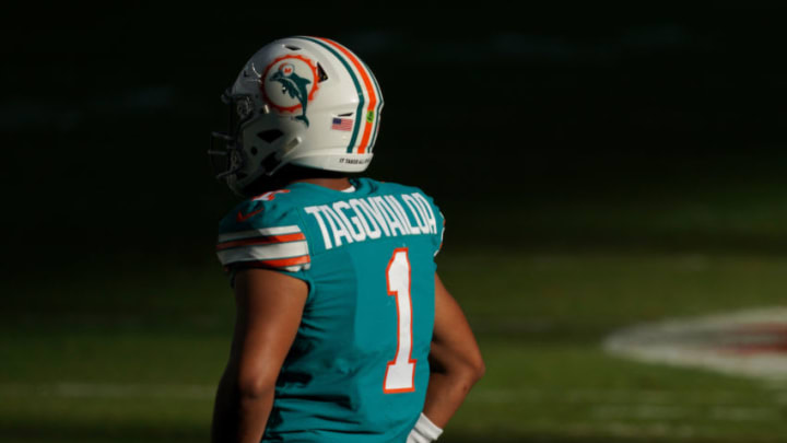 MIAMI GARDENS, FLORIDA - DECEMBER 13: Tua Tagovailoa #1 of the Miami Dolphins looks on against the Kansas City Chiefs during the second half of the game at Hard Rock Stadium on December 13, 2020 in Miami Gardens, Florida. (Photo by Mark Brown/Getty Images)