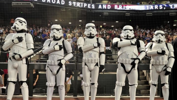 Jul 18, 2015; Phoenix, AZ, USA; Stormtroopers look on during the National Anthem during Star Wars Day prior to the game between the Arizona Diamondbacks and the San Francisco Giants at Chase Field. Mandatory Credit: Matt Kartozian-USA TODAY Sports