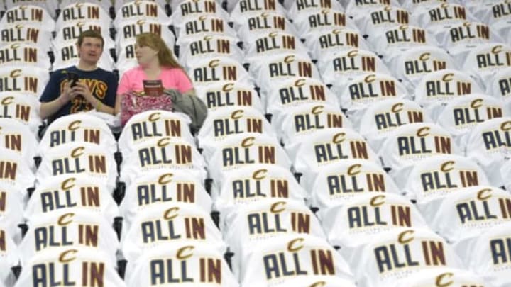 Apr 19, 2015; Cleveland, OH, USA; A general view of fans and shirts on the arena seats prior to game one of the first round of the NBA Playoffs at Quicken Loans Arena. Mandatory Credit: David Richard-USA TODAY Sports