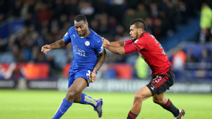 LEICESTER, ENGLAND - MARCH 01 : Wes Morgan of Leicester City in action with Salomon Rondon of West Bromwich Albion during the Barclays Premier League match between Leicester City and West Bromwich Albion at the King Power Stadium on March 01 , 2016 in Leicester, United Kingdom. (Photo by Plumb Images/Leicester City FC via Getty Images)