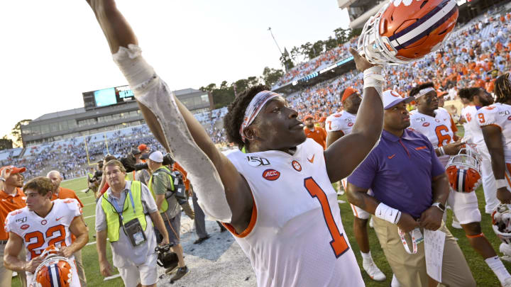 CHAPEL HILL, NORTH CAROLINA – SEPTEMBER 28: Derion Kendrick #1 of the Clemson Tigers reacts as he leaves the field after a win against the North Carolina Tar Heels at Kenan Stadium on September 28, 2019 in Chapel Hill, North Carolina. Clemson won 21-20. (Photo by Grant Halverson/Getty Images)