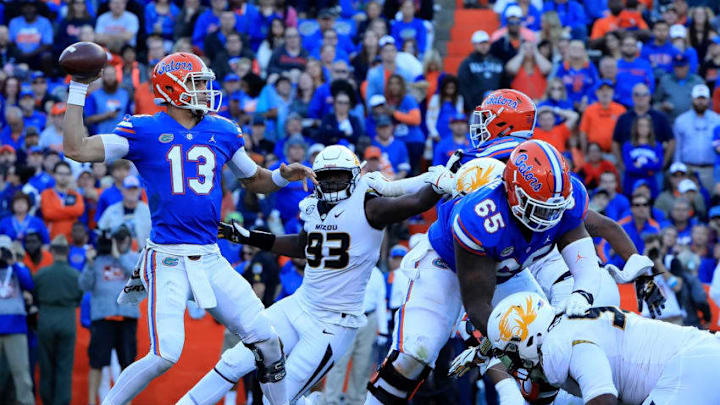 GAINESVILLE, FL - NOVEMBER 03: Feleipe Franks #13 of the Florida Gators attempts a pass during the game against the Missouri Tigers at Ben Hill Griffin Stadium on November 3, 2018 in Gainesville, Florida. (Photo by Sam Greenwood/Getty Images)