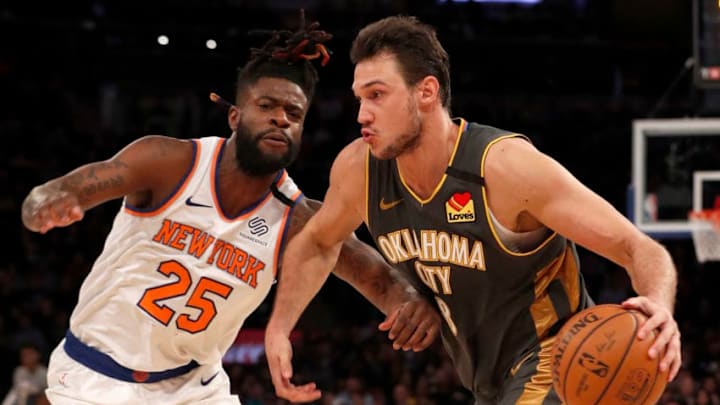 Danilo Gallinari #8 of the Oklahoma City Thunder in action against Reggie Bullock #25 (Photo by Jim McIsaac/Getty Images)
