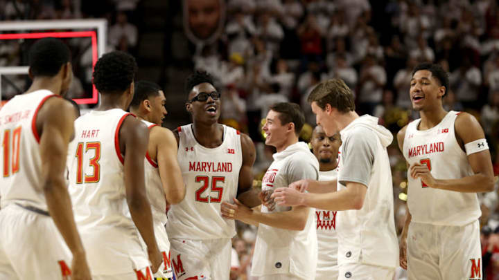 COLLEGE PARK, MARYLAND - MARCH 08: Jalen Smith #25 of the Maryland Terrapins celebrates after hitting a three pointer to end the first half against the Michigan Wolverines at Xfinity Center on March 08, 2020 in College Park, Maryland. (Photo by Rob Carr/Getty Images)