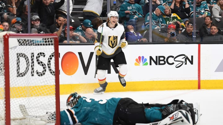 SAN JOSE, CA – APRIL 12: William Karlsson #71 of the Vegas Golden Knights celebrates after scoring a short-handed goal during the third period against the San Jose Sharks in Game Two of the Western Conference First Round during the 2019 Stanley Cup Playoffs at SAP Center on April 12, 2019 in San Jose, California. (Photo by Jeff Bottari/NHLI via Getty Images)