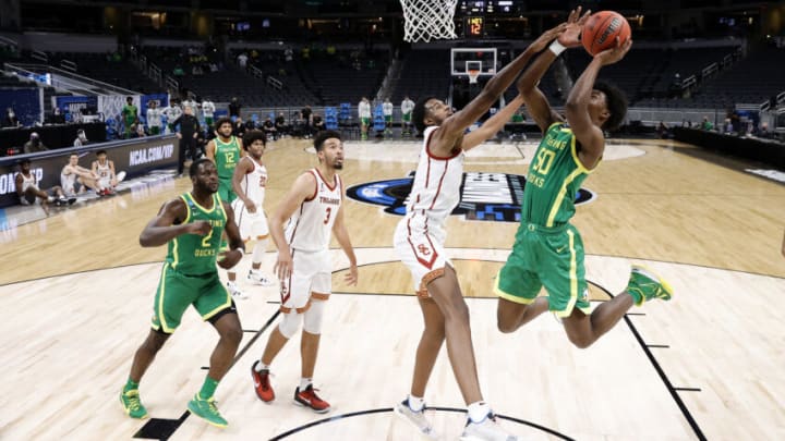 USC Trojans big Evan Mobley contests a shot. (Photo by Jamie Squire/Getty Images)