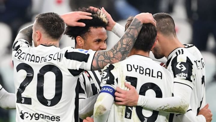 Juventus' US midfielder Weston McKennie celebrates with teammates after scoring his side's second goal during the Italian Serie A football match between Juventus and Udinese on January 15, 2022 at the Juventus stadium in Turin. (Photo by Isabella BONOTTO / AFP) (Photo by ISABELLA BONOTTO/AFP via Getty Images)