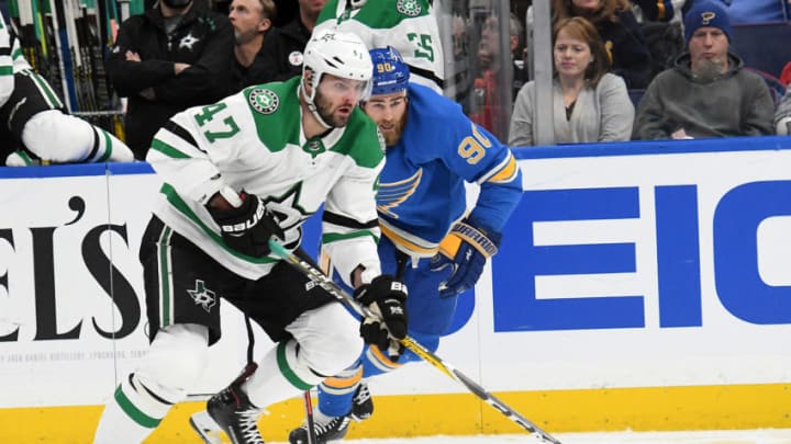 ST. LOUIS, MO - MARCH 02: Dallas Stars rightwing Alexander Radulov (47) controls the puck with pressure from St. Louis Blues center Ryan O'Reilly (90) during an NHL game between the Dallas Stars and the St. Louis Blues on March 02, 2019, at Energizer Center, St. Louis, MO. (Photo by Keith Gillett/Icon Sportswire via Getty Images)