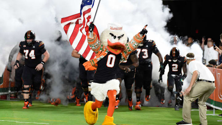 MIAMI GARDENS, FL - NOVEMBER 04: University of Miami mascot, Sebastian the Ibis, leads the team unto the field during an NCAA football game between the Virginia Tech Hokies and the University of Miami Hurricanes on November 4, 2017 at Hard Rock Stadium, Miami Gardens, Florida. Miami defeated Virginia Tech 28-10. (Photo by Richard C. Lewis/Icon Sportswire via Getty Images)