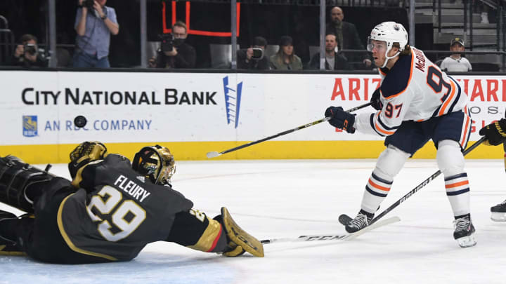 LAS VEGAS, NEVADA – FEBRUARY 26: Marc-Andre Fleury #29 of the Vegas Golden Knights blocks a shot by Connor McDavid #97 of the Edmonton Oilers in the first period of their game at T-Mobile Arena on February 26, 2020 in Las Vegas, Nevada. (Photo by Ethan Miller/Getty Images)