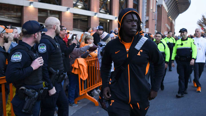 Tennessee defensive lineman/linebacker Roman Harrison (30) during the on the Vol Walk before the NCAA football game between the Tennessee Volunteers and South Alabama Jaguars in Knoxville, Tenn. on Saturday, November 20, 2021.Utvsal1120