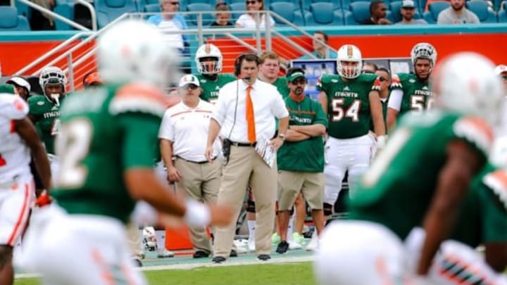Oct 24, 2015; Miami Gardens, FL, USA; Miami Hurricanes head coach Al Golden looks on from the sideline during the first half against the Clemson Tigers at Sun Life Stadium. Mandatory Credit: Steve Mitchell-USA TODAY Sports