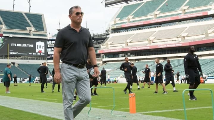 Sep 1, 2016; Philadelphia, PA, USA; Philadelphia Eagles defensive coordinator Jim Schwartz walks the field prior to the game against the New York Jets at Lincoln Financial Field. Mandatory Credit: Bill Streicher-USA TODAY Sports