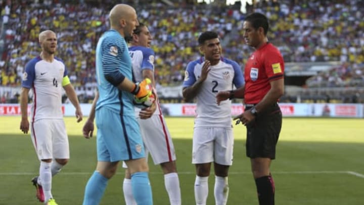 SANTA CLARA, CALIFORNIA – JUNE 03: DeAndre Yedlin of United States (C) argues with Referee Roberto Garcia during a group A match between United States and Colombia at Levi’s Stadium as part of Copa America Centenario US 2016 on June 03, 2016 in Santa Clara, California, US. (Photo by Omar Vega/LatinContent/Getty Images)