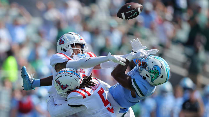 NEW ORLEANS, LOUISIANA – SEPTEMBER 09: Daijahn Anthony (L) #3 of the Mississippi Rebels and teammate John Saunders Jr. (C) #5 break up a pass intended for Jha’Quan Jackson #4 of the Tulane Green Wave during the first half at Yulman Stadium on September 09, 2023 in New Orleans, Louisiana. (Photo by Jonathan Bachman/Getty Images)