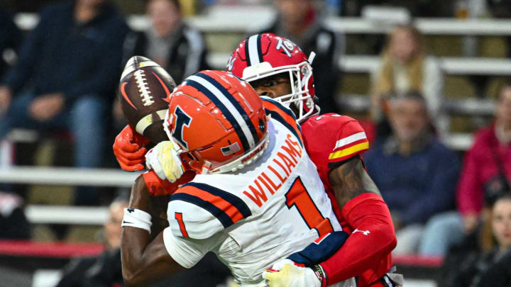 Oct 14, 2023; College Park, Maryland, USA; Maryland Terrapins defensive back Ja’Quan Sheppard (3) breaks up a pass in the end zone intended for Illinois Fighting Illini wide receiver Isaiah Williams (1) during the second half at SECU Stadium. Mandatory Credit: Tommy Gilligan-USA TODAY Sports