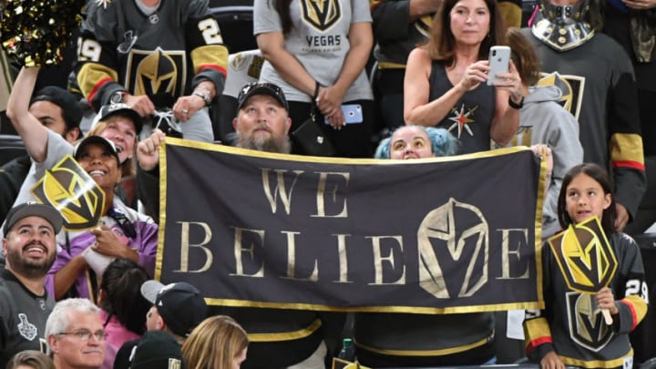 LAS VEGAS, NV - MAY 28: Vegas Golden Knights fans hold up a banner reading "WE BELIEVE" before Game One of the 2018 NHL Stanley Cup Final between the Washington Capitals and the Golden Knights at T-Mobile Arena on May 28, 2018 in Las Vegas, Nevada. The Golden Knights defeated the Capitals 6-4. (Photo by Ethan Miller/Getty Images)