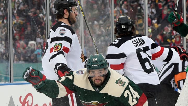 Minnesota Wild defenseman Matt Dumba celebrates his goal in the first period of the 2016 Stadium Series matchup with Chicago. The Wild host the St. Louis Blues in the Winter Classic this year.. (Photo by Hannah Foslien/Getty Images)