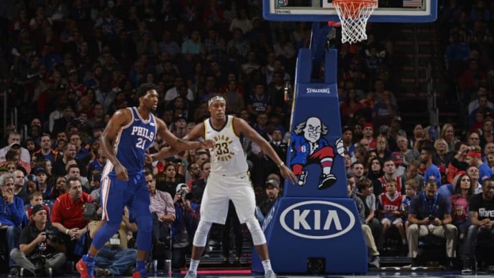 PHILADELPHIA, PA - NOVEMBER 3: Joel Embiid #21 of the Philadelphia 76ers and Myles Turner #33 of the Indiana Pacers await the ball on November 3, 2017 at the Wells Fargo Center in Philadelphia, Pennsylvania. (Photo by David Dow/NBAE via Getty Images)