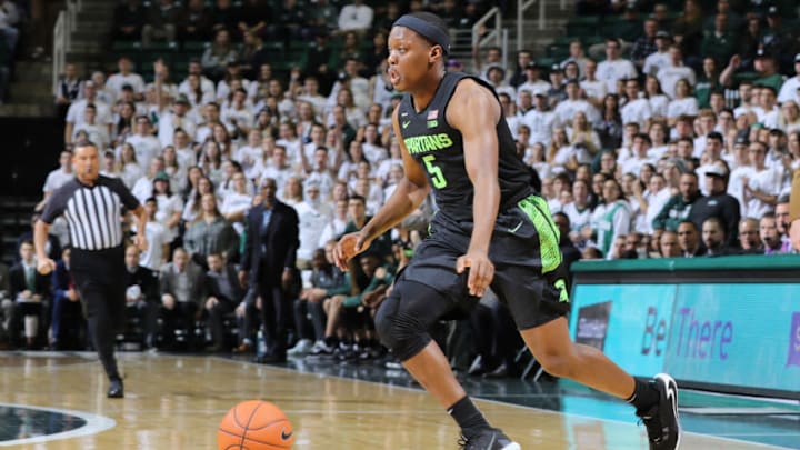 EAST LANSING, MI - NOVEMBER 18: Cassius Winston #5 of the Michigan State Spartans handles the ball in the first half against the Charleston Southern Buccaneers at Breslin Center on November 18, 2019 in East Lansing, Michigan. (Photo by Rey Del Rio/Getty Images)