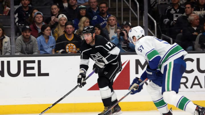 LOS ANGELES, CA - OCTOBER 30: Los Angeles Kings left wing Ilya Kovalchuk (17) attempts a shot past Vancouver Canucks defenceman Tyler Myers (57) during the game on October 30, 2019, at Staples Center in Los Angeles, CA. (Photo by Adam Davis/Icon Sports)