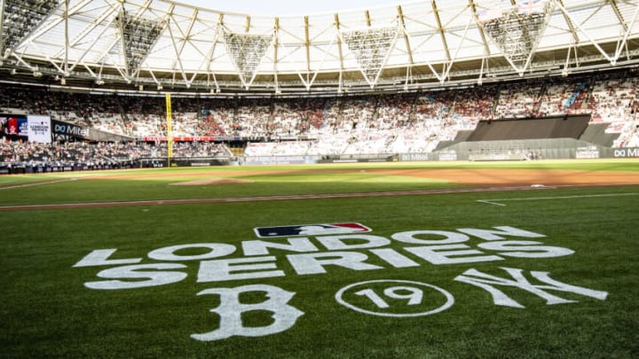 The logo is displayed before game one of the 2019 Major League Baseball London Series between the Boston Red Sox and the New York Yankees on June 29, 2019 at West Ham London Stadium in London, England. (Photo by Billie Weiss/Boston Red Sox/Getty Images)
