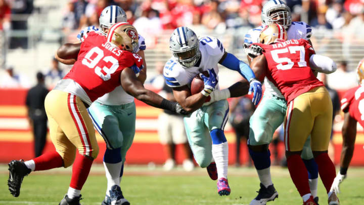 SANTA CLARA, CA - OCTOBER 22: Ezekiel Elliott #21 of the Dallas Cowboys rushes with the ball against the San Francisco 49ers during their NFL game at Levi's Stadium on October 22, 2017 in Santa Clara, California. (Photo by Ezra Shaw/Getty Images)