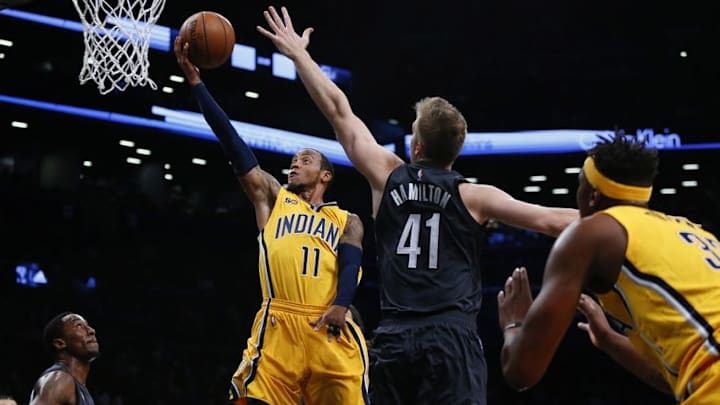 Oct 28, 2016; Brooklyn, NY, USA; Indiana Pacers guard Monta Ellis (11) shoots the ball in front of Brooklyn Nets forward Justin Hamilton (41) during first half at Barclays Center. Mandatory Credit: Noah K. Murray-USA TODAY Sports