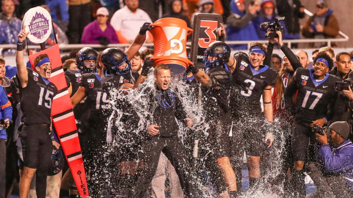 BOISE, ID – DECEMBER 7: Head Coach Brian Harsin of the Boise State Broncos is doused in gatorade during second half action in the Mountain West Championship against the Hawaii Rainbow Warriors on December 7, 2019 at Albertsons Stadium in Boise, Idaho. Boise State won the game 31-10.(Photo by Loren Orr/Getty Images)