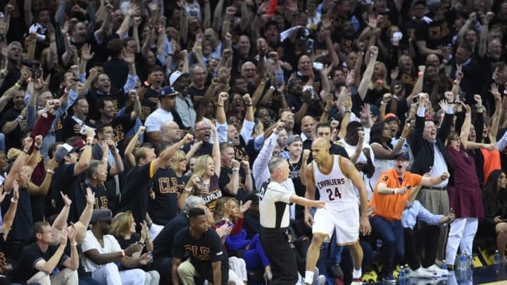Jun 16, 2016; Cleveland, OH, USA; Cleveland Cavaliers forward Richard Jefferson (24) reacts after scoring in the first quarter in game six of the NBA Finals at Quicken Loans Arena. Mandatory Credit: Bob Donnan-USA TODAY Sports Jun 16, 2016; Cleveland, OH, USA; Cleveland Cavaliers forward Richard Jefferson (24) reacts after scoring in the first quarter in game six of the NBA Finals at Quicken Loans Arena. Mandatory Credit: Bob Donnan-USA TODAY Sports