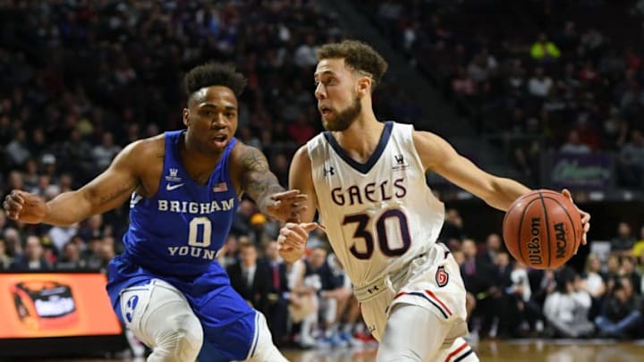 LAS VEGAS, NV - MARCH 05: Jordan Ford #30 of the Saint Mary's Gaels drives against Jahshire Hardnett #0 of the Brigham Young Cougars during a semifinal game of the West Coast Conference basketball tournament at the Orleans Arena on March 5, 2018 in Las Vegas, Nevada. (Photo by Ethan Miller/Getty Images)