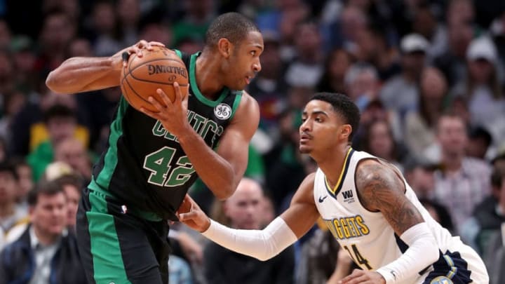 DENVER, CO - JAN#42 of the Boston Celtics is guarded by Gary Harris #14 of the Denver Nuggets at the Pepsi Center on January 29, 2018 in Denver, Colorado. NOTE TO USER: User expressly acknowledges and agrees that, by downloading and or using this photograph, User is consenting to the terms and conditions of the Getty Images License Agreement. (Photo by Matthew Stockman/Getty Images)UARY 29: Al Horford
