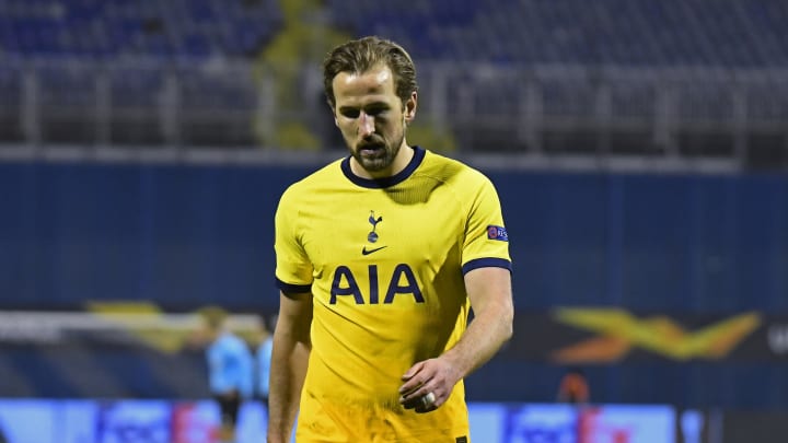 ZAGREB, CROATIA – MARCH 18: Harry Kane of Tottenham Hotspur looks dejected following defeat in the UEFA Europa League Round of 16 Second Leg match between Dinamo Zagreb and Tottenham Hotspur at Stadion Maksimir on March 18, 2021 in Zagreb, Croatia. Sporting stadiums around Europe remain under strict restrictions due to the Coronavirus Pandemic as Government social distancing laws prohibit fans inside venues resulting in games being played behind closed doors. (Photo by Jurij Kodrun/Getty Images)