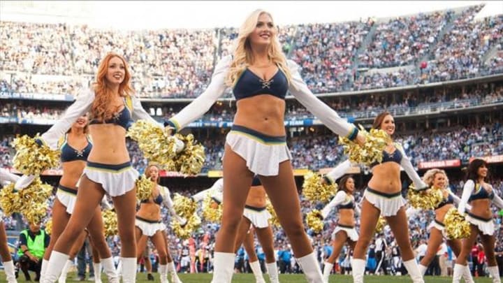 Dec 29, 2013; San Diego, CA, USA; The San Diego Chargers girl cheerleaders perform during the Chargers game against the Kansas City Chiefs at Qualcomm Stadium. Mandatory Credit: Stan Liu-USA TODAY Sports