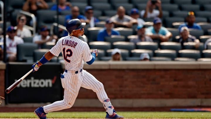 NEW YORK, NY - JULY 7: Francisco Lindor #12 of the New York Mets at bat in the seventh inning against the Milwaukee Brewers during game one of a doubleheader at Citi Field on July 7, 2021 in the Flushing neighborhood of the Queens borough of New York City. The Mets won 4-3. (Photo by Adam Hunger/Getty Images)