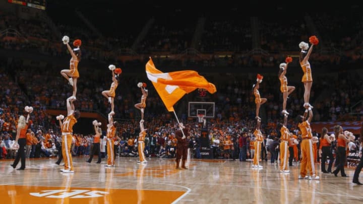 KNOXVILLE, TN - FEBRUARY 2: Cheerleaders of the Tennessee Volunteers pregame against the Kentucky Wildcats in a game at Thompson-Boling Arena on February 2, 2016 in Knoxville, Tennessee. (Photo by Patrick Murphy-Racey/Getty Images)