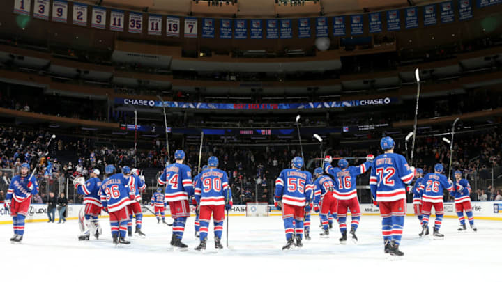 NEW YORK, NY - JANUARY 17: The New York Rangers celebrate after defeating the Chicago Blackhawks 4-3 at Madison Square Garden on January 17, 2019 in New York City. (Photo by Jared Silber/NHLI via Getty Images)