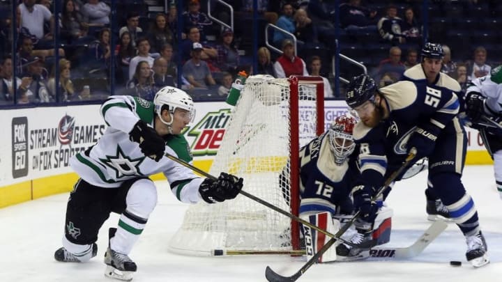 Nov 1, 2016; Columbus, OH, USA; Dallas Stars left wing Antoine Roussel (21) shoots against the Columbus Blue Jackets during the third period at Nationwide Arena. Columbus defeated Dallas 3-2 in overtime. Mandatory Credit: Russell LaBounty-USA TODAY Sports