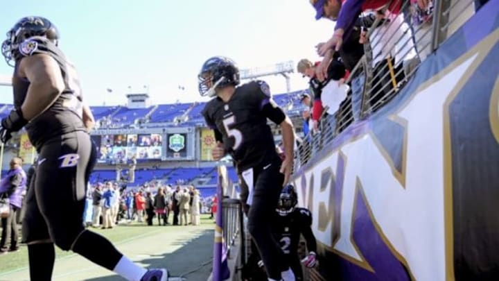 Oct 19, 2014; Baltimore, MD, USA; Baltimore Ravens quarterback Joe Flacco (5) runs onto the field prior to the game against the Atlanta Falcons at M&T Bank Stadium. Mandatory Credit: Evan Habeeb-USA TODAY Sports