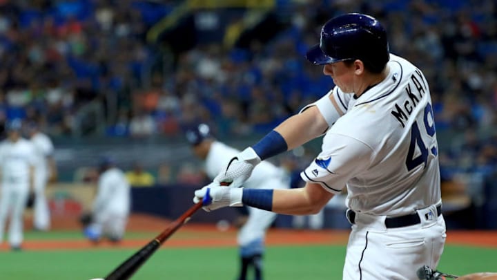 ST PETERSBURG, FLORIDA - JULY 01: Brendan McKay #49 of the Tampa Bay Rays hits in the sixth inning during a game against the Baltimore Orioles at Tropicana Field on July 01, 2019 in St Petersburg, Florida. (Photo by Mike Ehrmann/Getty Images)
