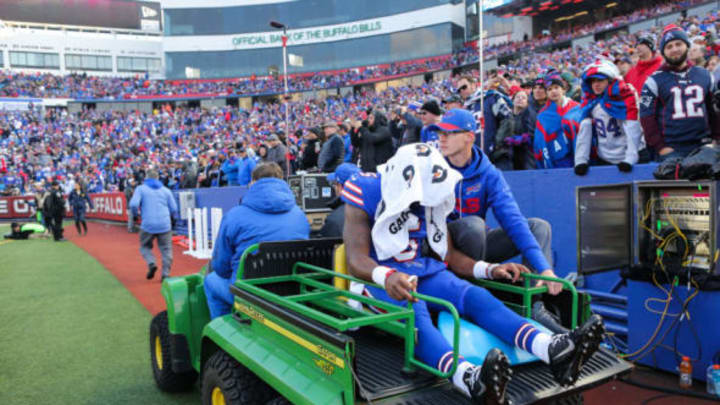 ORCHARD PARK, NY – DECEMBER 3: Tyrod Taylor #5 of the Buffalo Bills is carted off the field during the fourth quarter against the New England Patriots on December 3, 2017 at New Era Field in Orchard Park, New York. (Photo by Brett Carlsen/Getty Images)