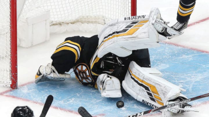 BOSTON - NOVEMBER 21: Boston Bruins goaltender Tuukka Rask (40) makes a diving, sprawling save with the Buffalo Sabres on the power play and the score at 3-1 in the third period. The Boston Bruins host the Buffalo Sabres in a regular season NHL hockey game at TD Garden in Boston on Nov. 21, 2019. (Photo by Barry Chin/The Boston Globe via Getty Images)