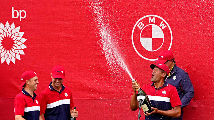 Sep 26, 2021; Haven, Wisconsin, USA; Team USA player Tony Finau celebrates after the United States beat Europe during day three singles rounds for the 43rd Ryder Cup golf competition at Whistling Straits. Mandatory Credit: Michael Madrid-USA TODAY Sports