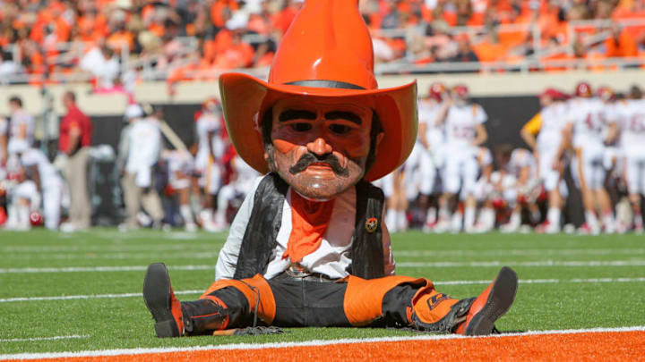 October 4, 2014: Oklahoma State Cowboys mascot Pistol Pete during the NCAA Big 12 football game between the Iowa State Cyclones and the Oklahoma State Cowboys at Boone Pickens Stadium in Stillwater, Oklahoma. (Photo by William Purnell/Icon Sportswire/Corbis via Getty Images)