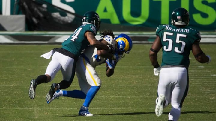 Eagles' Darius Slay (24) brings down Los Angeles' Darrell Henderson Jr. (27) Sunday, Sept. 20, 2020, at Lincoln Financial Field. The Rams defeated the Eagles 37-19.News Eagles Vs Rams