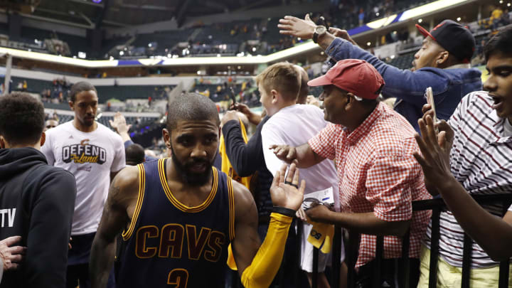 Apr 23, 2017; Indianapolis, IN, USA; Cleveland Cavaliers guard Kyrie Irving (2) walks off the floor to the locker room after winning against the Indiana Pacers in game four of the first round of the 2017 NBA Playoffs at Bankers Life Fieldhouse. Cleveland defeats Indiana 106-102. Mandatory Credit: Brian Spurlock-USA TODAY Sports