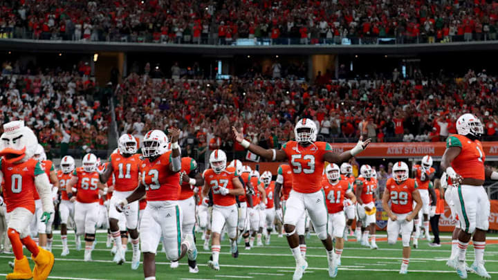 ARLINGTON, TX - SEPTEMBER 02: The Miami Hurricanes take the field against the LSU Tigers to start The AdvoCare Classic at AT&T Stadium on September 2, 2018 in Arlington, Texas. (Photo by Tom Pennington/Getty Images)