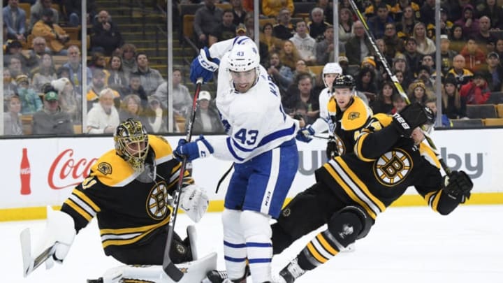 BOSTON, MA - NOVEMBER 10: Nazem Kadri #43 of the Toronto Maple Leafs fights for position against the Boston Bruins at the TD Garden on November 10, 2018 in Boston, Massachusetts. (Photo by Brian Babineau/NHLI via Getty Images)